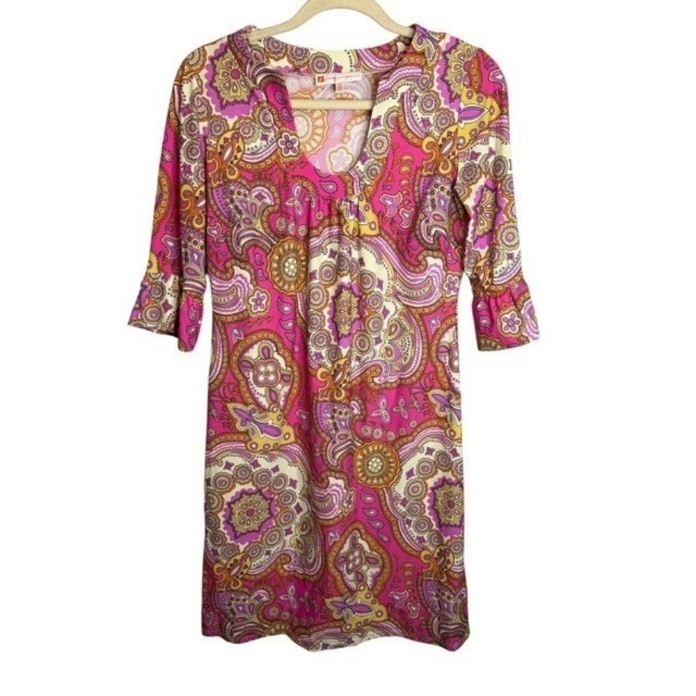 Jude Connally Dress Women's 6 Paisley Ruffle Sleeve V-Neck 60's inspired Pink